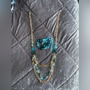 Vintage Antique Glass Crystal Blue And Gold Necklace and Bracelet Set